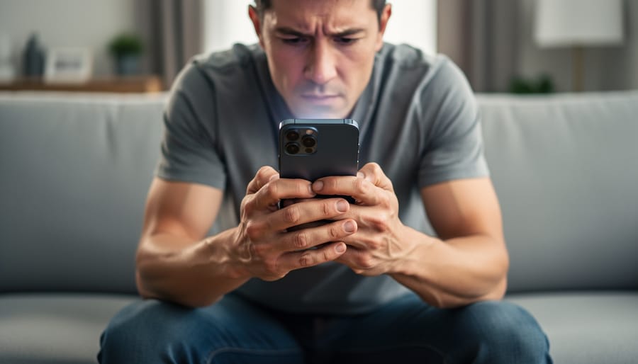 Close-up of person's hands gripping smartphone with tense posture in dim lighting