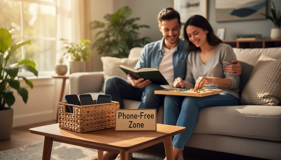 Smartphone placed face-down on table beside open book and coffee in warm natural lighting