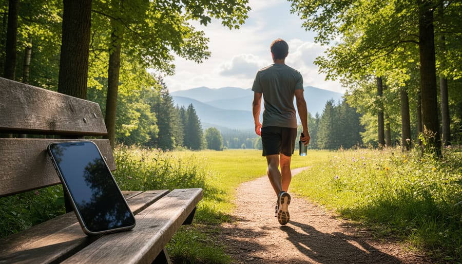 Person hiking in forest with arms outstretched in gesture of freedom and joy