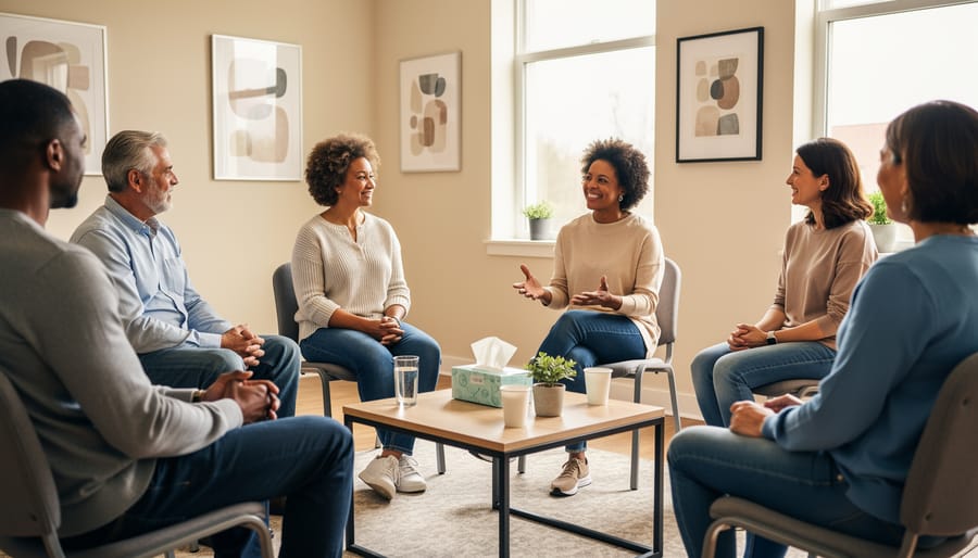 Support group meeting with diverse participants sitting in circle in bright community space