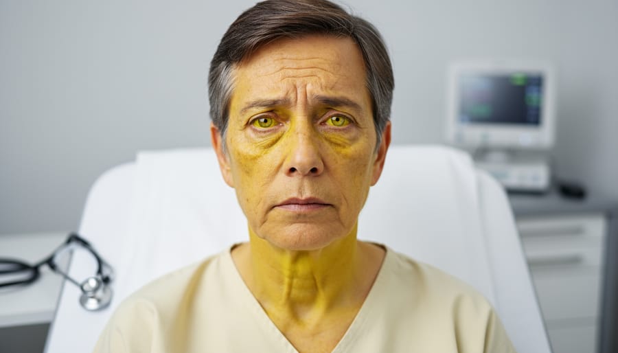 Person showing jaundiced yellow skin tone indicating liver damage