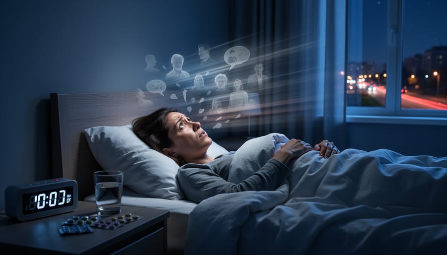 Bedside scene with rumpled sheets, a partially visible alarm clock, and mixed warm and cool lighting suggesting sleeplessness.