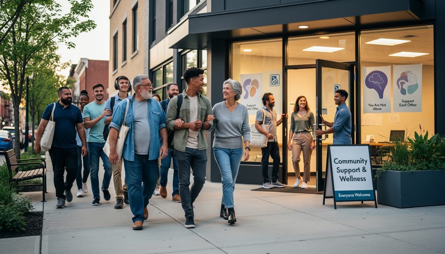 A diverse group walking together toward a community center entrance in warm golden hour light.