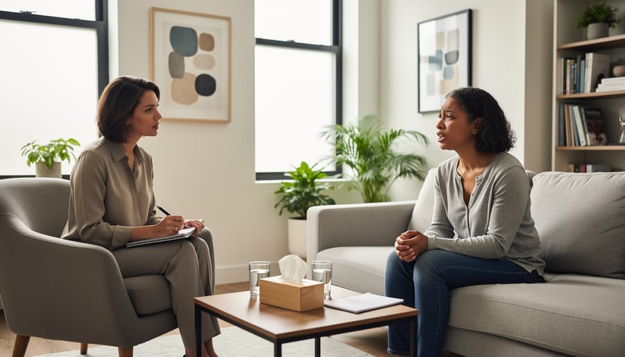 Quiet counseling office with two chairs and a therapist notebook on a table, representing professional support.