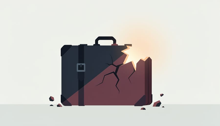 Conceptual image of cracked heavy suitcases with dark dust and an open suitcase glowing warm with hope.