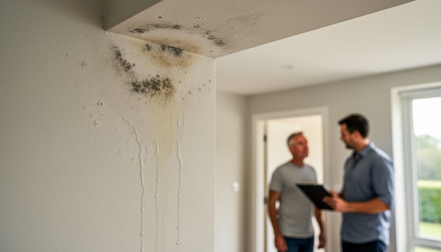 Damp staining on an interior wall corner with visible plaster texture.
