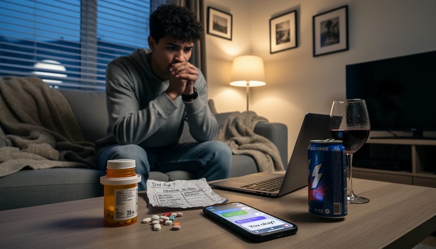 Person sitting in a dim living room looking down with a glass on the coffee table, representing anxious coping.