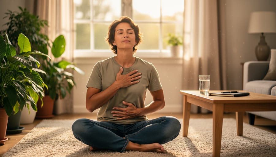 Person seated calmly holding a smooth stone as a grounding object