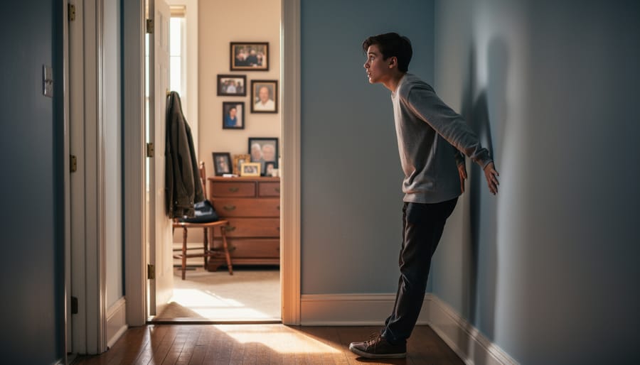A person stands hesitant at a building entrance with their back turned, suggesting avoidance and reluctance.