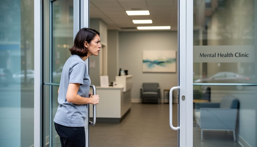 Person standing outside a clinic entrance hesitating to seek help.