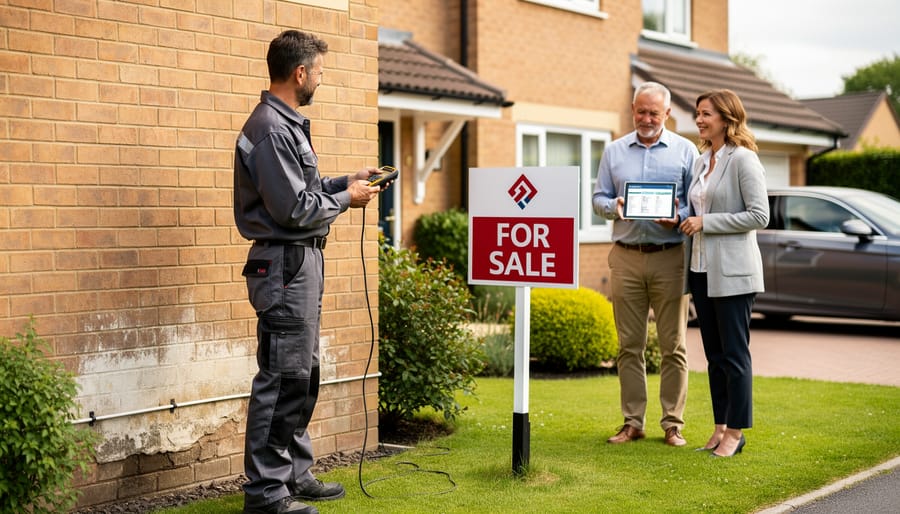 Worker inspecting a house exterior near the front door while using a camera and damp-related equipment.