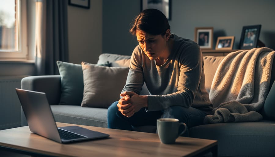 Person sitting at a kitchen table with a notebook while looking overwhelmed and worried.