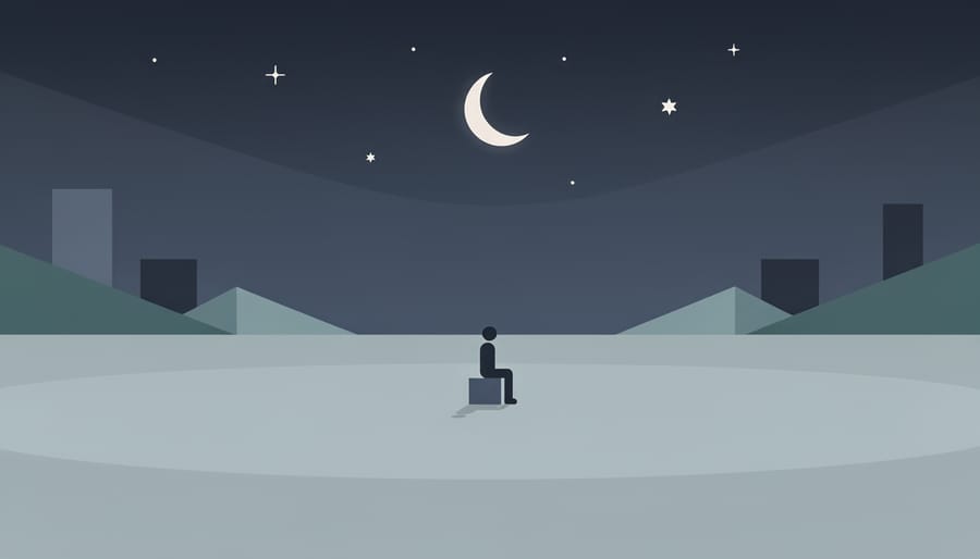 A person sits alone at night by a window, looking down with hands clasped, reflecting a quiet sense of isolation.