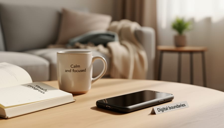 Person holding a smartphone face-down in a quiet room, suggesting stepping back from gambling access.