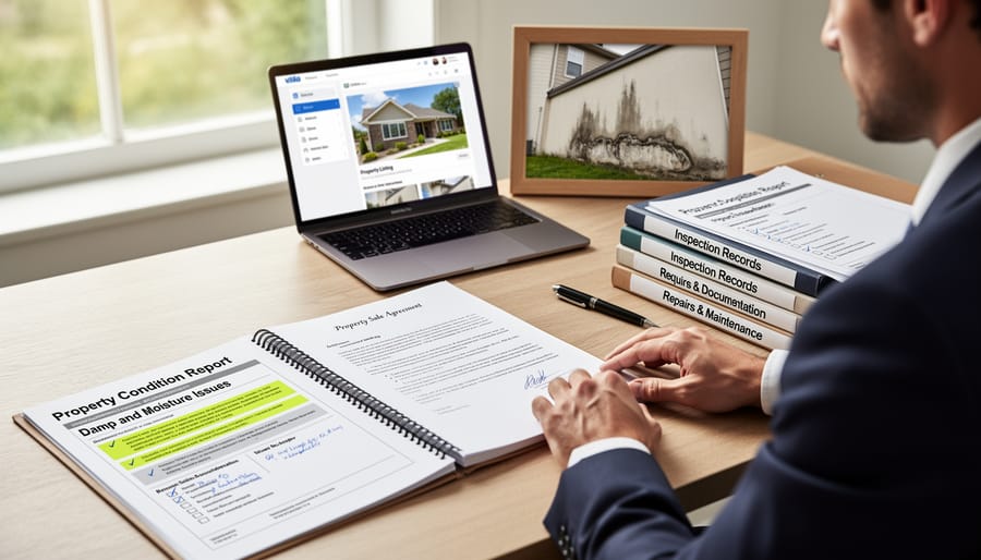 Desk setup with a damp survey folder, magnifying glass, and blank paperwork for documenting property issues.
