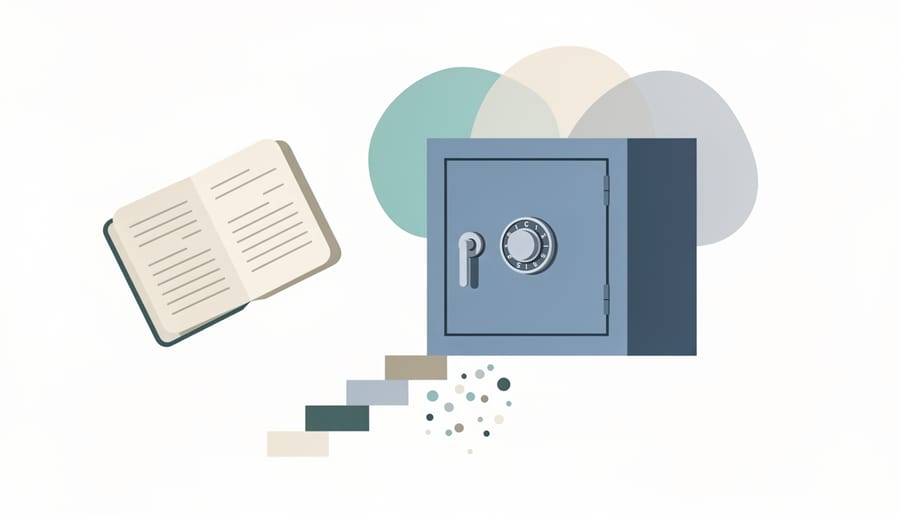 Close-up of a locked safe, open journal, and keys on a table with a small plant, representing financial and emotional rebuilding.