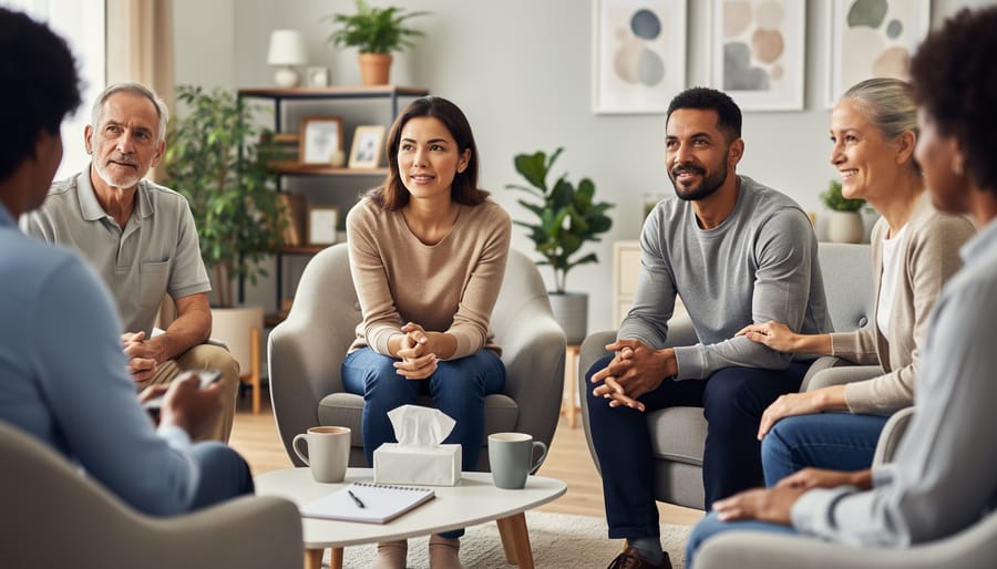 Person taking notes while others listen in a support group setting, symbolizing peer recovery.