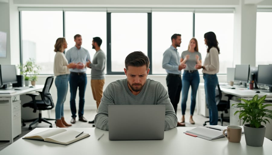 Employee sitting apart during a workplace meeting, looking down while others talk in the background.