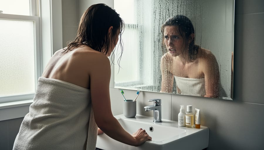 Person’s tense reflection in a foggy bathroom mirror while washing hands