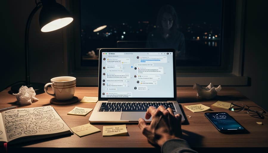 Person sitting at a desk at night looking overwhelmed and tense