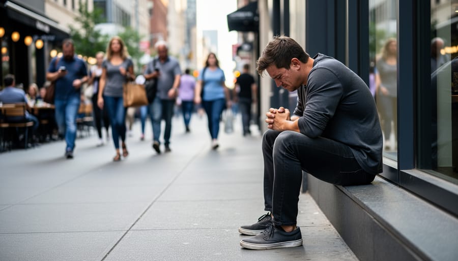 Person standing on the edge of a busy city sidewalk looking distressed
