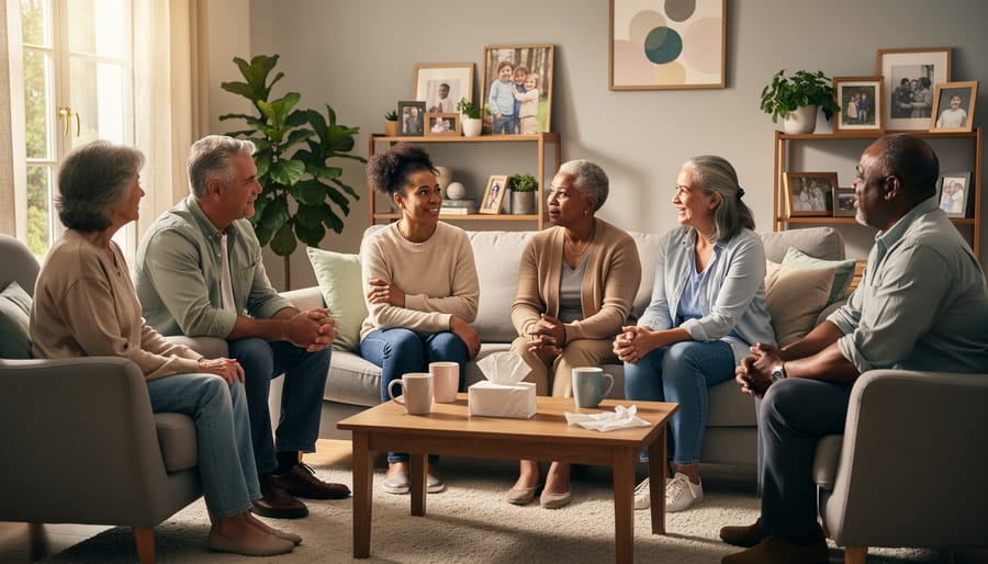 Arabic-speaking family seated together in a living room discussing mental health support