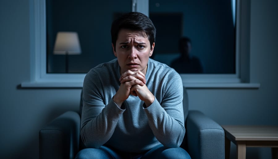 Arabic-speaking person sitting on a couch at night looking worried near a rain-streaked window