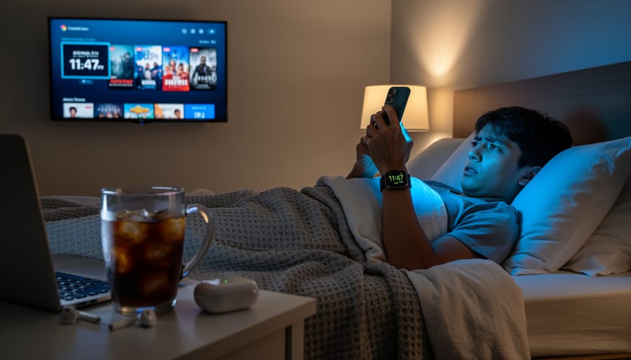 Bedside table at night with a smartphone, coffee mug, and water glass symbolizing factors that disrupt sleep.