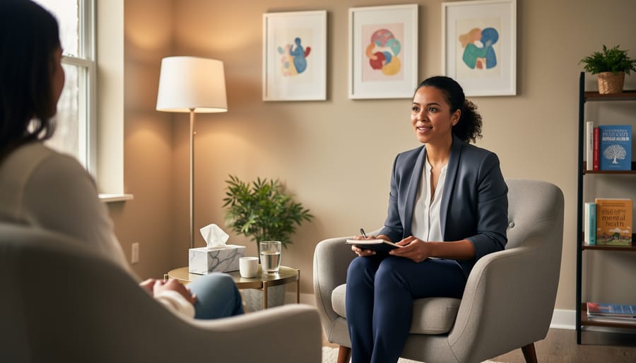 Therapist welcoming gesture in a calm office with a steaming cup of tea and open notebook