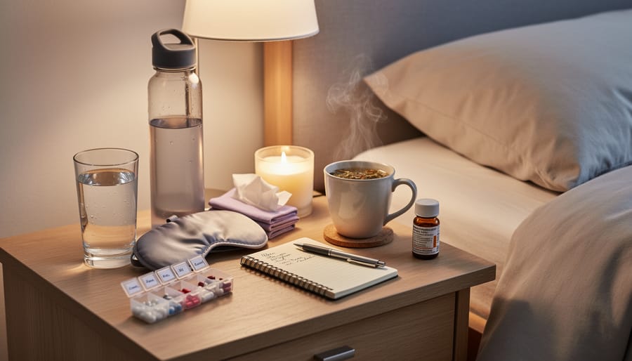 Glass of water and herbal tea on a bedside table with a blanket nearby