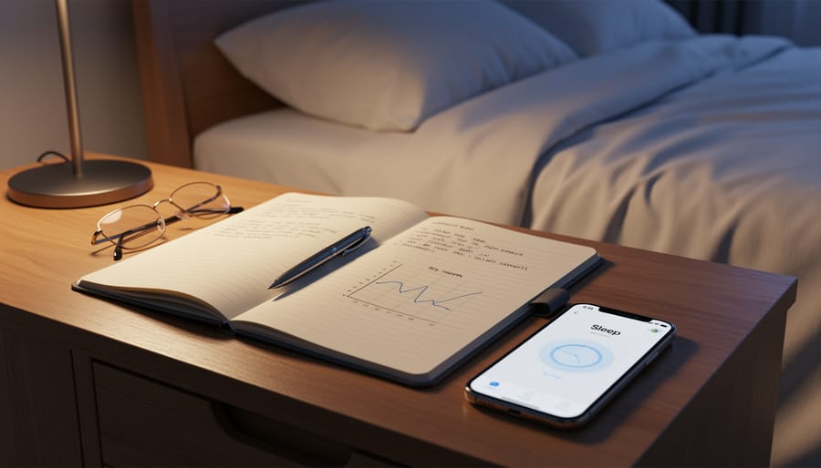 Hands holding a blank sleep diary notebook with a pen, representing tracking sleep patterns.