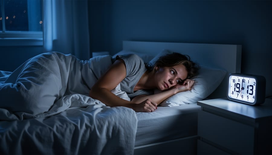 Person sitting on a bed at night with a closed alarm clock on the bedside table, looking tense and unable to sleep.