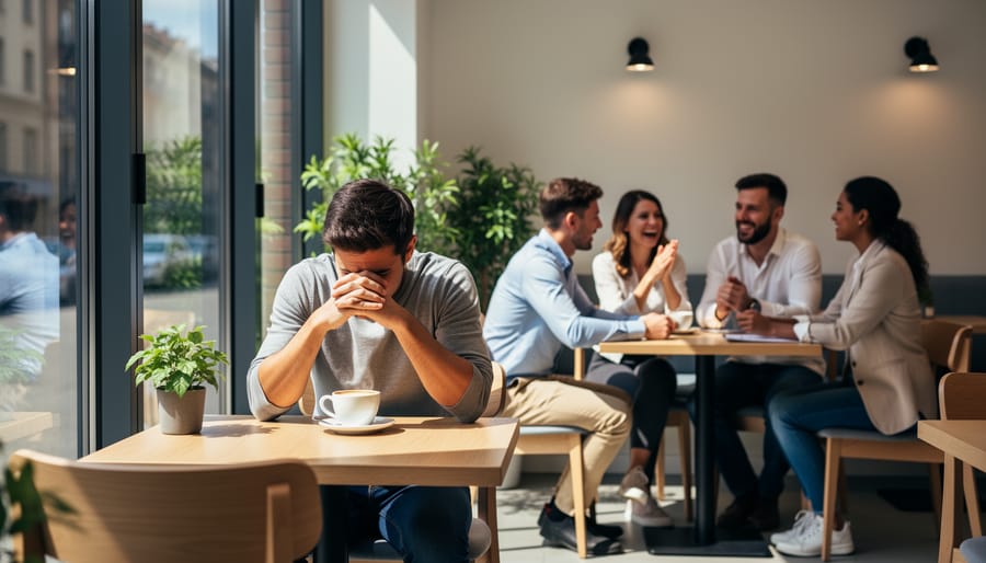 A person looking anxious at a café table while other patrons chat in the background