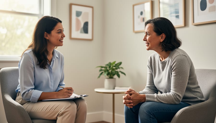 A therapist and client sitting across a desk in a calm, well-lit office