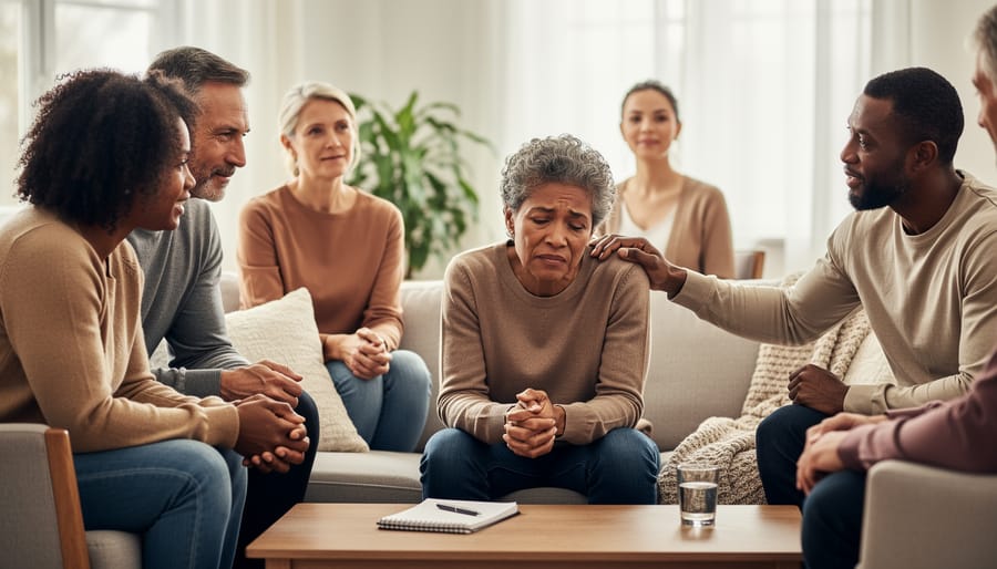 Two people attending a community support meeting, standing together in a softly lit room with indistinct attendees in the background.