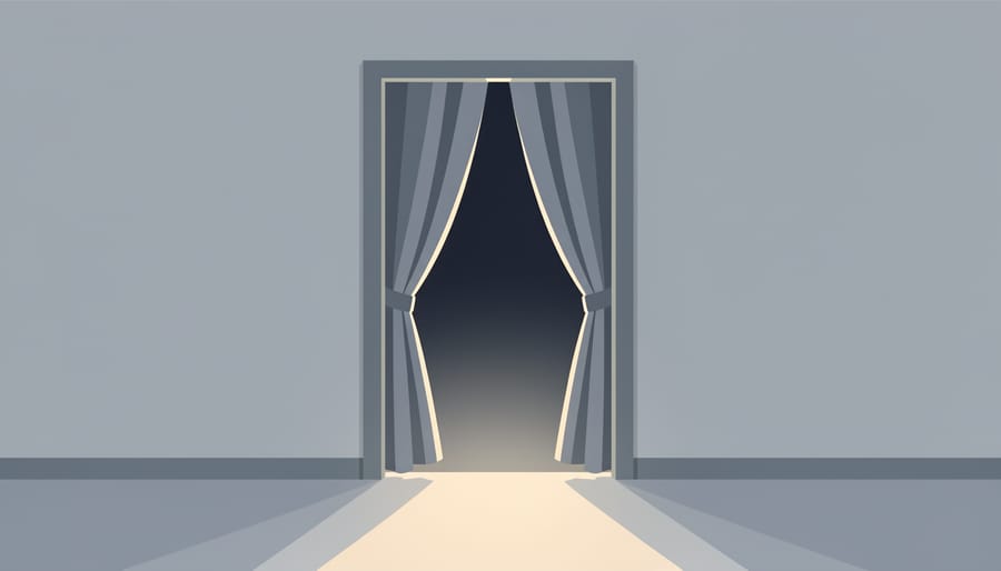 A heavy curtain partially covering a doorway with light spilling through the gap