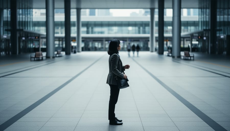 A person hesitating at the edge of an empty public plaza, suggesting difficulty escaping a feared location