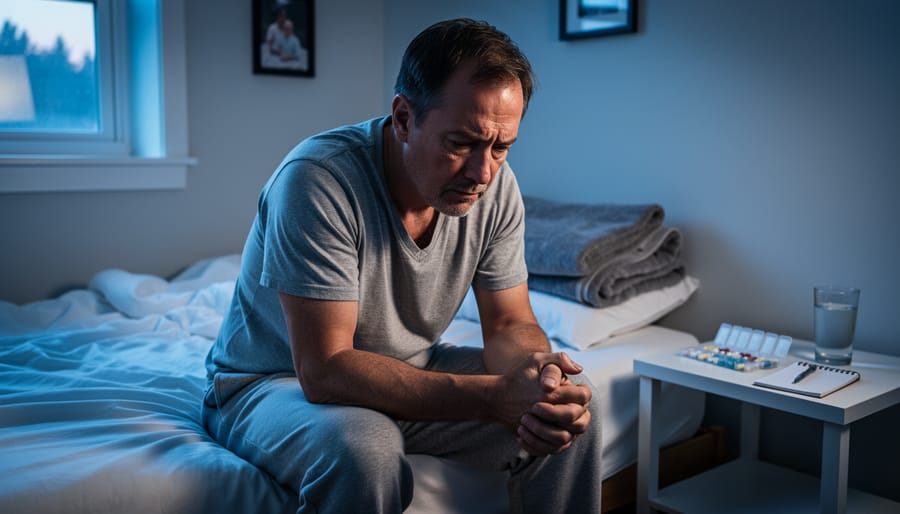 Person sitting on the edge of a bed holding a warm mug in a dim room, conveying the quiet challenge of early recovery.