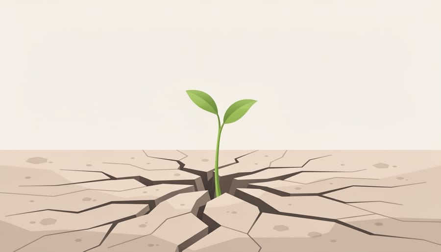 Small green sprout emerging from cracked dry soil, symbolizing early recovery growth through hardship.